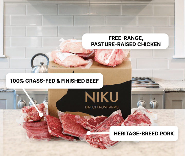Niku Farms' Box and vacuum sealed meats arranged on a table